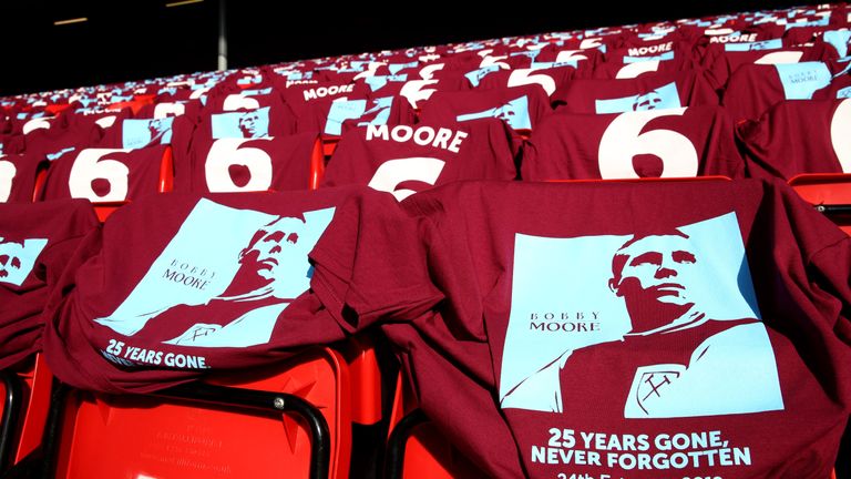 LIVERPOOL, ENGLAND - FEBRUARY 24:  Shirts in memory of Bobby Moore are displayed ahead of the Premier League match between Liverpool and West Ham United at