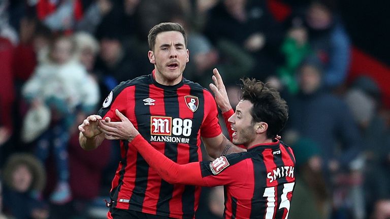 BOURNEMOUTH, ENGLAND - FEBRUARY 24: Dan Gosling of AFC Bournemouth celebrates after scoring his sides second goal with Adam Smith of AFC Bournemouth during