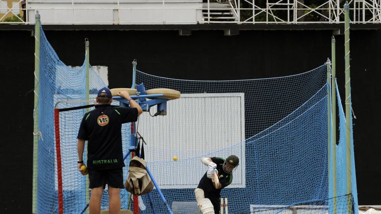 An Australia cricket team player hits off a bowling machine during practice at the Antigua Recreation Grounds May 28, 2008