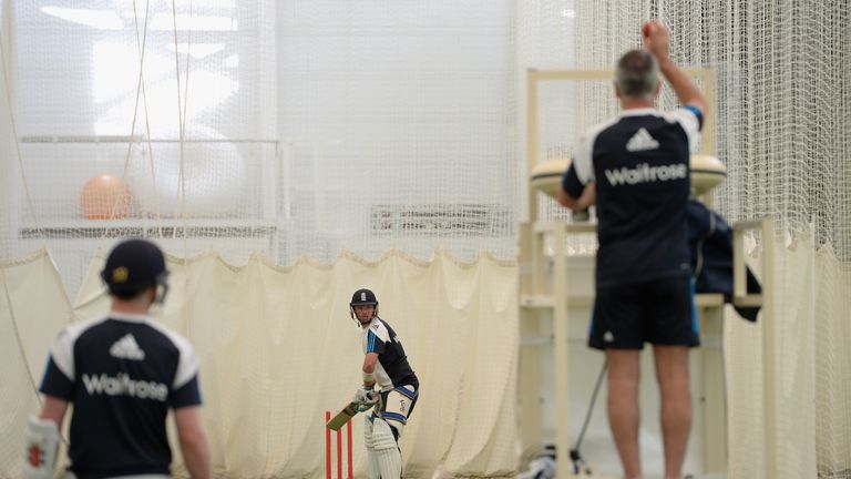 England train in the indoor nets during a training session at the ECB National Cricket Performance Centre on July 2, 2014