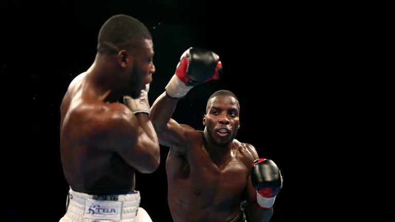 Lawrence Okolie (right) and Isaac Chamberlain during the WBA Continental Cruiserweight Championship bout at The O2 Arena, London