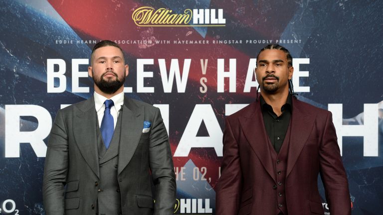 Tony Bellew and David Haye pose on stage during their press conference at Park Plaza Westminster Bridge in London