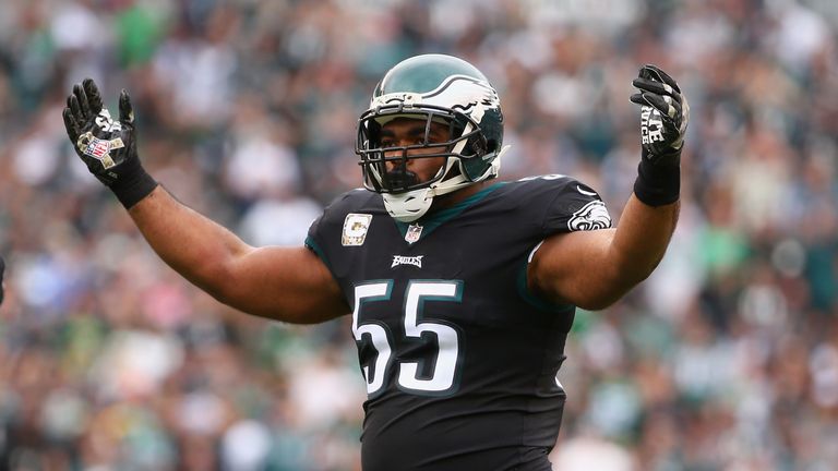 PHILADELPHIA, PA - NOVEMBER 05: Defensive end Brandon Graham #55 of the Philadelphia Eagles reacts against the Denver Broncos during the first quarter at L