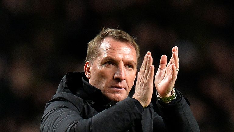 GLASGOW, SCOTLAND - FEBRUARY 15: Celtic manager Brendan Rodgers waves to the crowd at the final whistle during UEFA Europa League Round of 32 match between