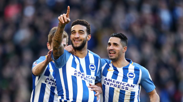 BRIGHTON, ENGLAND - FEBRUARY 17:  Connor Goldson of Brighton and Hove Albion celebrates scoring his side's second goal with Beram Kayal during the The Emir