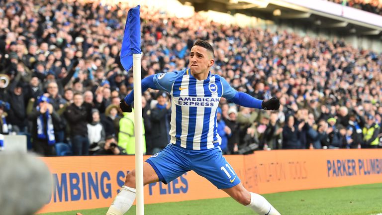 Brighton's Anthony Knockaert celebrates after scoring their third goal during the Premier League match against Swansea City