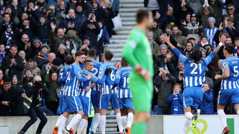 Brighton players celebrate Glenn Murray's penalty during the Premier League match against Swansea City at the AMEX Stadium