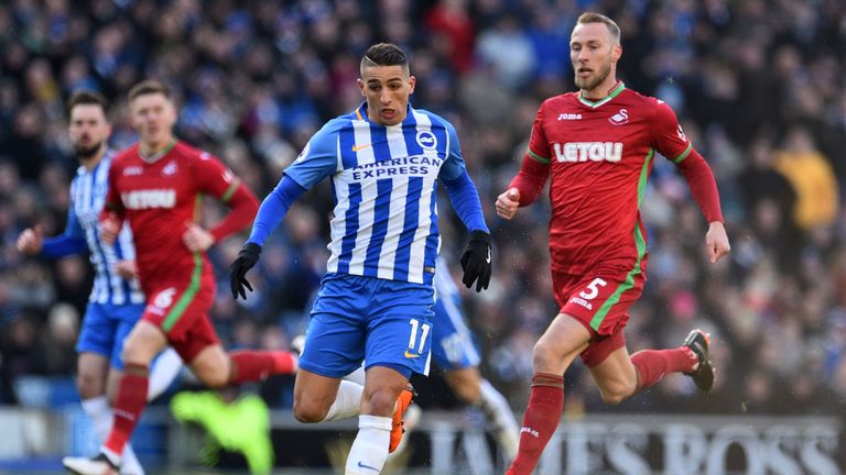 Anthony Knockaert in possession during the Premier League match between Brighton & Hove Albion and Swansea City
