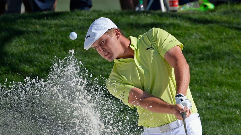 SCOTTSDALE, AZ - FEBRUARY 03:  Bryson DeChambeau hits from the sand on the seventh hole during the third round of the Waste Management Phoenix Open at TPC 
