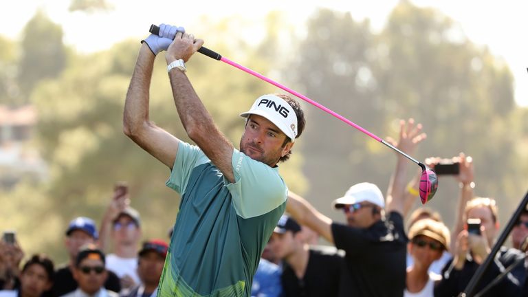 PACIFIC PALISADES, CA - FEBRUARY 18:  Bubba Watson plays his shot from the 11th tee during the final round of the Genesis Open at Riviera Country Club on F