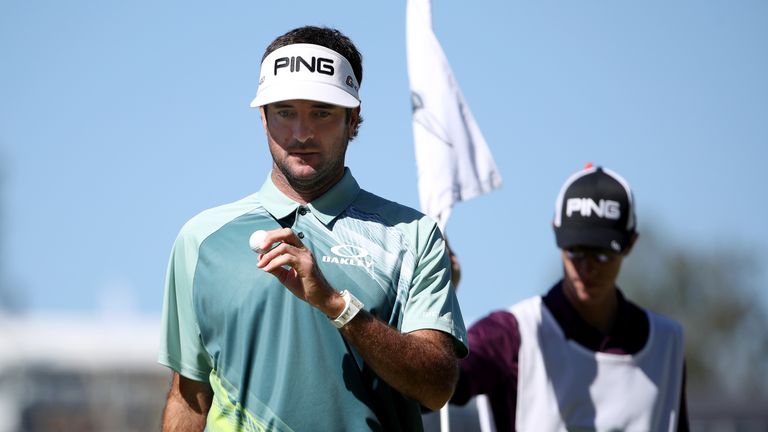 PACIFIC PALISADES, CA - FEBRUARY 18:  Bubba Watson reacts after making par on the 10th green during the final round of the Genesis Open at Riviera Country 