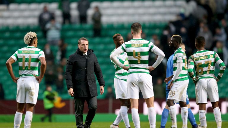 Celtic manager Brendan Rodgers and his team appear dejected after the final whistle of the Ladbrokes Scottish Premiership match at Celtic Park, Glasgow.