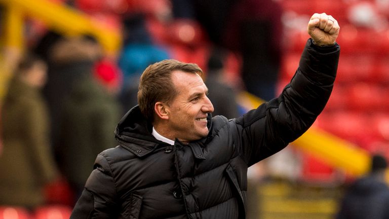 Celtic manager Brendan Rodgers celebrates the win at Aberdeen