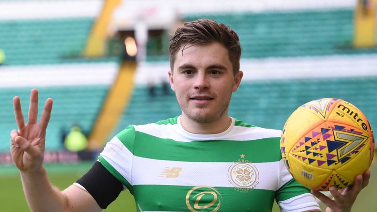Celtic's James Forrest with the match ball at full time