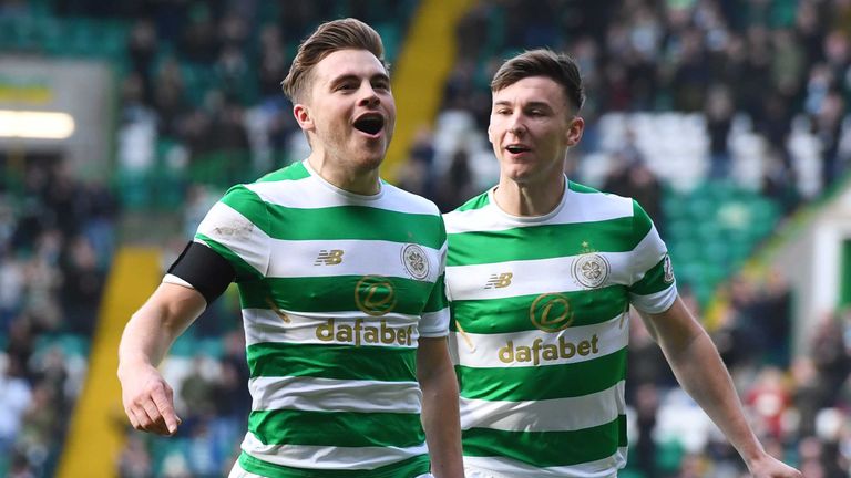 Celtic's James Forrest  celebrates his second goal with Kieran Tierney