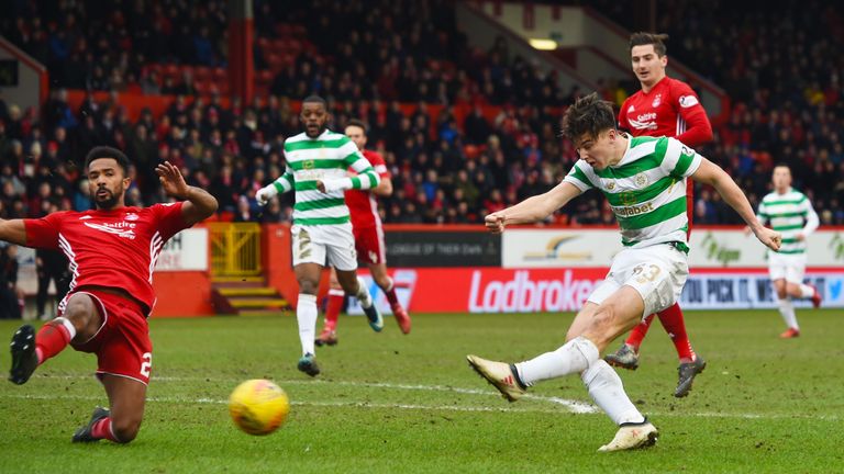 Celtic's Kieran Tierney scores to make it 2-0 against Aberdeen.