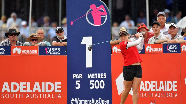 ADELAIDE, AUSTRALIA - FEBRUARY 18:  Charley Hull of England drives from the tee on the first hole during day four of the ISPS Handa Australian Women's Open