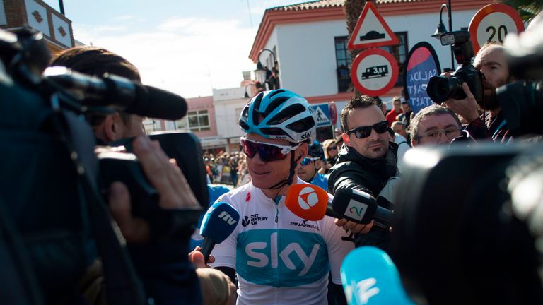 TOPSHOT - Team Sky's British cyclist Christopher Froome talks to the media prior to the first stage of the "Ruta del Sol" tour, a 197,6 km ride from Mijas 