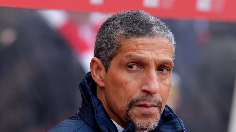 Chris Hughton prior to kick-off in the Premier League match between Stoke City and Brighton