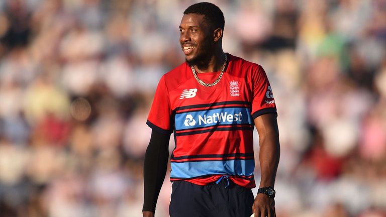 England's Chris Jordan smiles during the T20 international cricket match between England and South Africa at The Ageas Bowl in Southampton