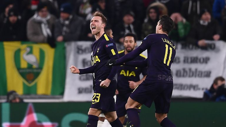 Christian Eriksen celebrates after equalising with a free-kick