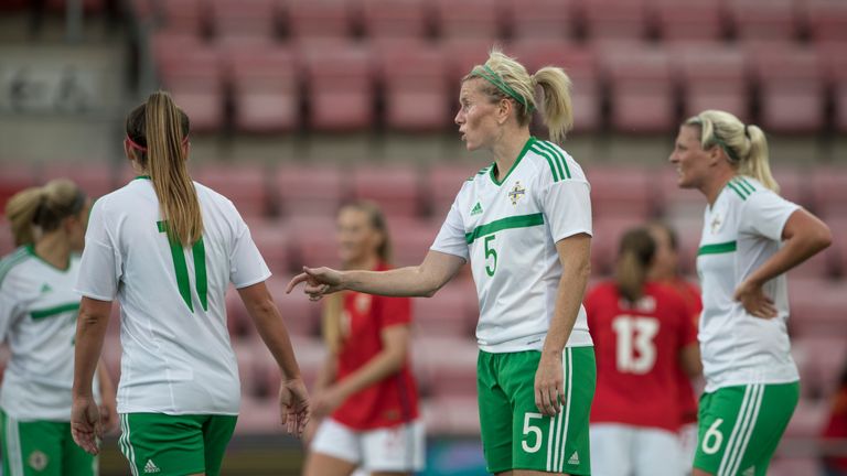 FREDRIKSTAD, NORWAY - SEPTEMBER 15: Ciara Sherwood, Julie Nelson, Ashley Hutton of NI  during the FIFA 2018 World Cup Qualifier between Norway and Northern