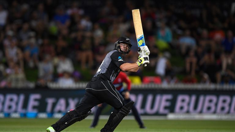 New Zealand batsman Colin Munro hits a six during the International Twenty20 match between New Zealand and England