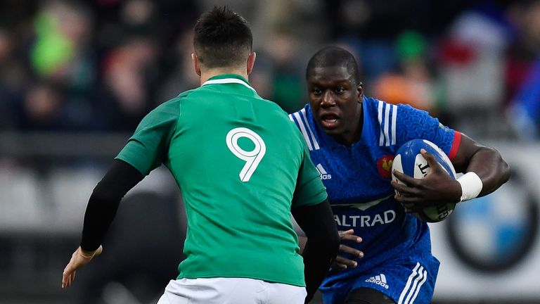 France's flanker Yacouba Camara runs with the ball during the Six Nations rugby union match between France and Ireland at the Stade de France in Paris on F