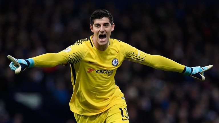 WEST BROMWICH, ENGLAND - NOVEMBER 18:  
Thibaut Courtois of Chelsea celebrates his side's second goal during the Premier League match between West Bromwich