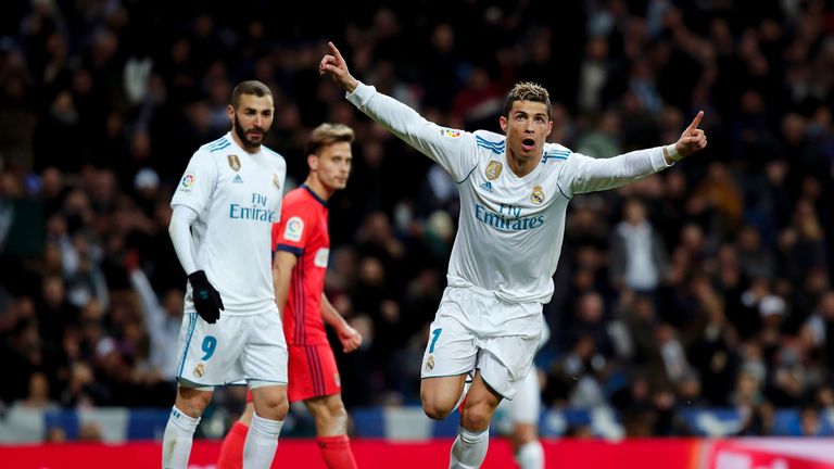 MADRID, SPAIN - FEBRUARY 10: Cristiano Ronaldo of Real Madrid CF celebrates scoring their fourth goal during the La Liga match between Real Madrid CF and R
