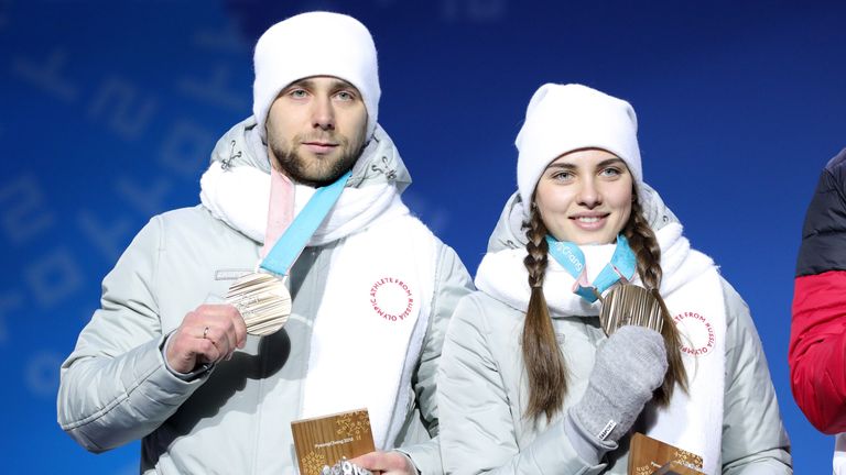 PYEONGCHANG-GUN, SOUTH KOREA - FEBRUARY 14:  Bronze medalists Aleksandr Krushelnitckii and Anastasia Bryzgalova of Olympic Athletes from Russia pose during