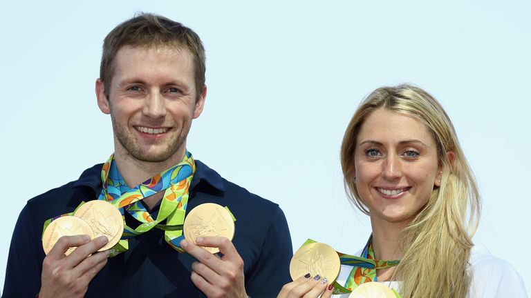 Team GB cyclists Jason Kenny and Laura Kenny pose with their gold medals in Rio de Janeiro.