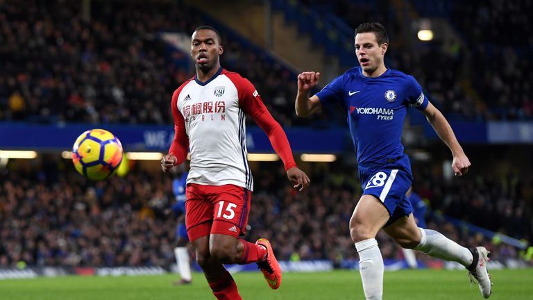 LONDON, ENGLAND - FEBRUARY 12: Daniel Sturridge of West Bromwich Albion is challenged by Cesar Azpilicueta of Chelsea during the Premier League match betwe