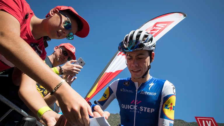 Quick-Step Floors Team's Spanish David de la Cruz sings autographs prior to the start of the 4th stage of the 72nd edition of "La Vuelta" Tour of Spain cyc