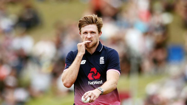 TAURANGA, NEW ZEALAND - FEBRUARY 28: David Willey of England reacts during game two of the One Day International series between New Zealand and England at 
