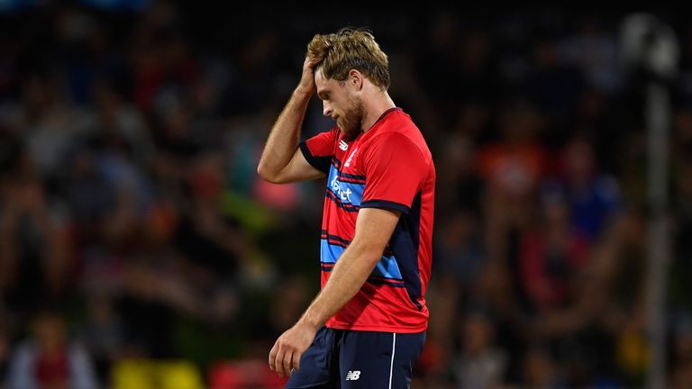 England bowler David Willey reacts during the International Twenty20 match between New Zealand and England at Seddon Park