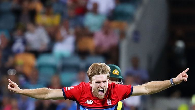 HOBART, AUSTRALIA - FEBRUARY 07: David Willey of England celebrates taking the wicket of Chris Lynn of Australia of Australia during the Twenty20 Internati