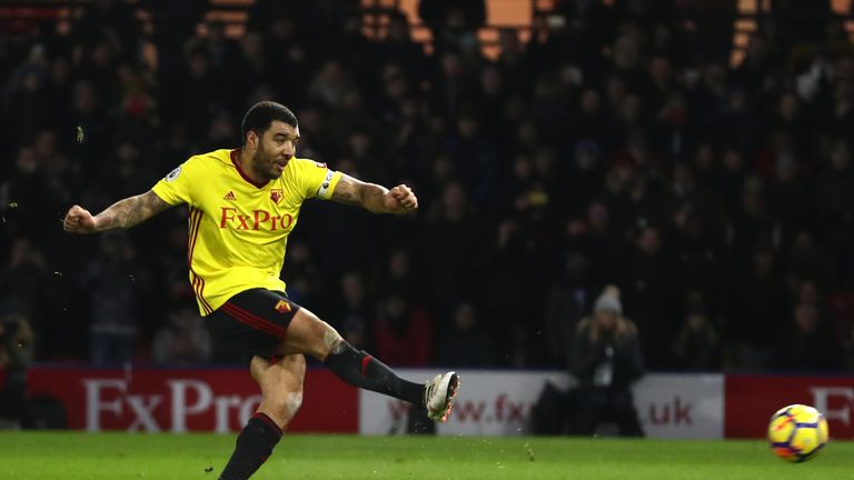 WATFORD, ENGLAND - FEBRUARY 05: Troy Deeney of Watford scores the first goal from the penalty spot during the Premier League match between Watford and Chel