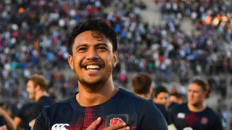 SAN JUAN, ARGENTINA - JUNE 10:  Denny Solomona of England celebrates after the International Test match between Argentina and England at Estadio San Juan d