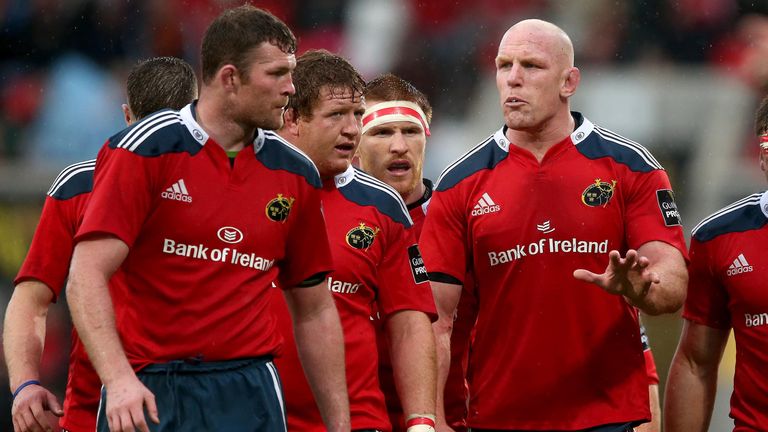 30/5/2015.Munster vs Glasgow Warriors.Munster's Donnacha Ryan, Stephen Archer, Sean Dougall and Paul O'Connell.Mandatory Credit ..INPHO/James Crombie