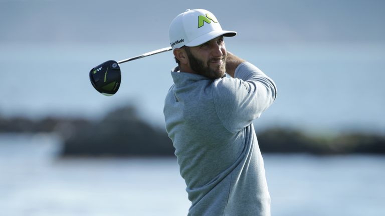 PEBBLE BEACH, CA - FEBRUARY 12:  Dustin Johnson hits his tee shot on the 18th hole during the Final Round of the AT&T Pebble Beach Pro-Am at Pebble Beach G