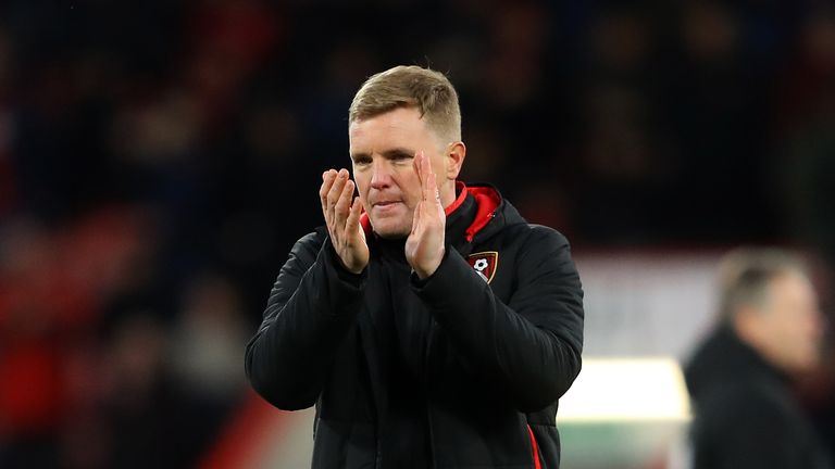 BOURNEMOUTH, ENGLAND - FEBRUARY 03:  Eddie Howe, Manager of AFC Bournemouth shows appreciation to the fans  during the Premier League match between AFC Bou