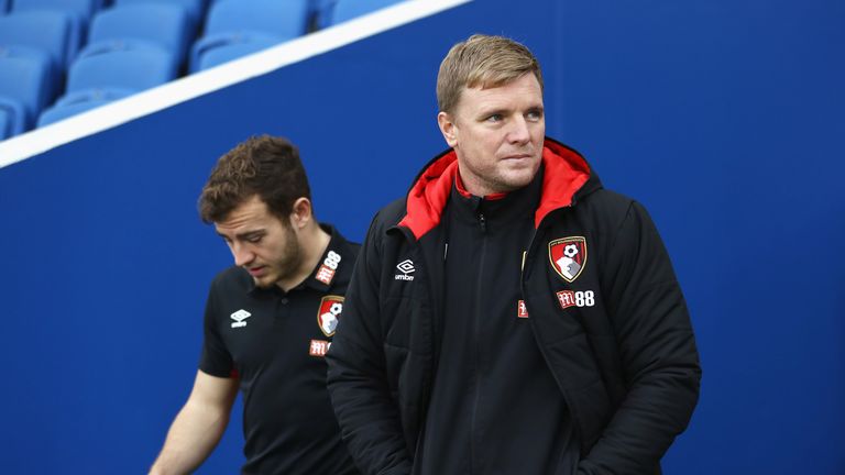 BRIGHTON, ENGLAND - JANUARY 01:  Eddie Howe, Manager of AFC Bournemouth walks out to inspect the pitch with Ryan Fraser prior to the Premier League match b