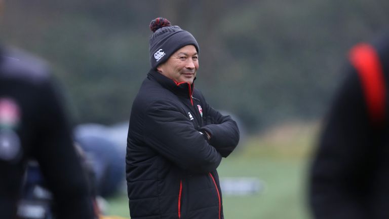 BAGSHOT, ENGLAND - FEBRUARY 22:  Eddie Jones, the England head coach looks on during the England training session held at Pennyhill Park on February 22, 20