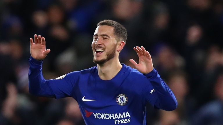 LONDON, ENGLAND - FEBRUARY 12: Eden Hazard of Chelsea celebrates after scoring his sides first goal during the Premier League match between Chelsea and Wes
