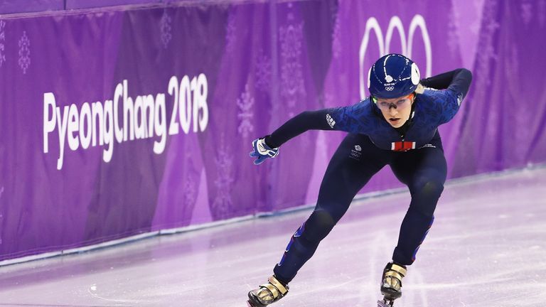 Elise Christie of Great Britain competes during the Short Track Speed Skating Ladies' 1500m heats on day eight of the Winter Olympics