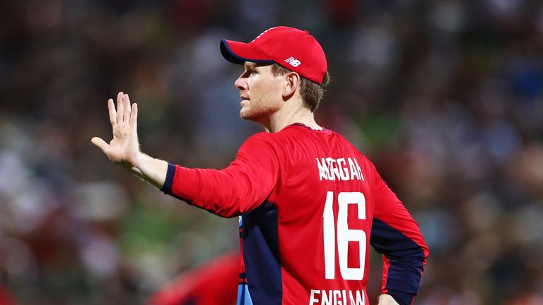 Eoin Morgan of England directs the field during the International Twenty20 match between New Zealand and England