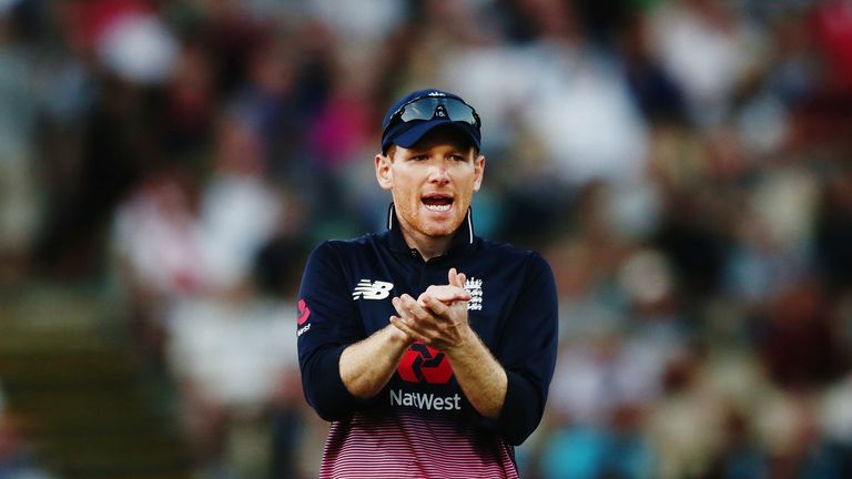 HAMILTON, NEW ZEALAND - FEBRUARY 25: Eoin Morgan of England cheers on his team during game one in the One Day International series between New Zealand and 