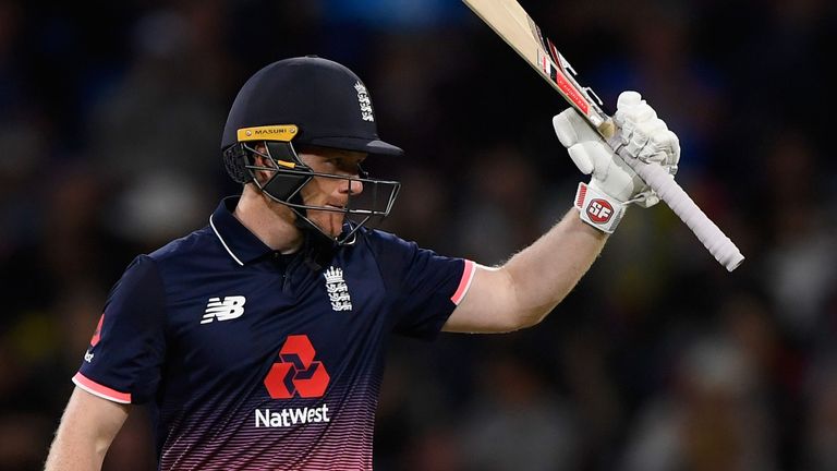 England skipper Eoin Morgan celebrates reaching his 35th ODI half-century