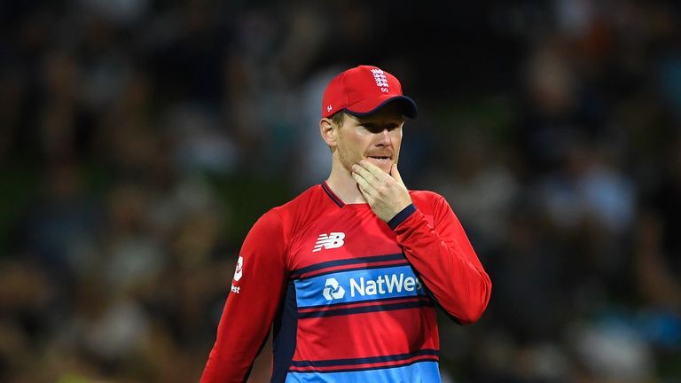 HAMILTON, NEW ZEALAND - FEBRUARY 18:  England player Eoin Morgan reacts during the International Twenty20 match between New Zealand and England at Seddon P